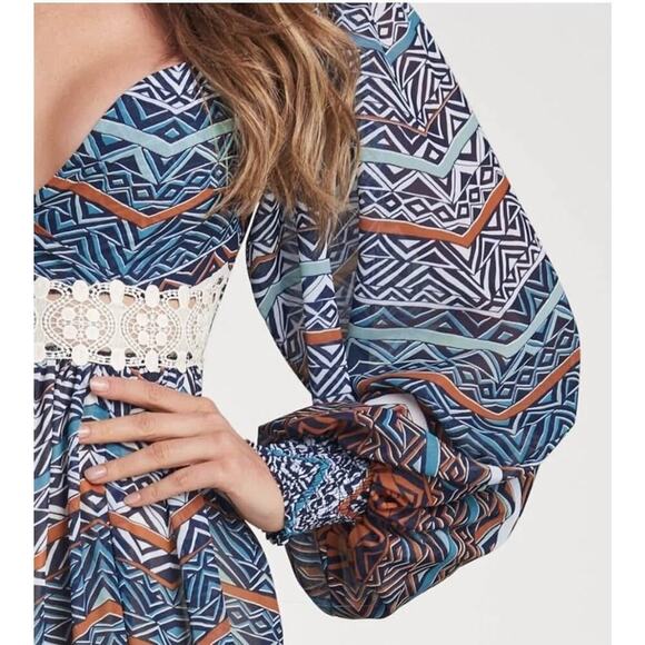 Venus Size 8 Medium Blue Rust Boho Balloon Sleeve Chiffon Tiered Maxi Dress - Picture 8 of 8